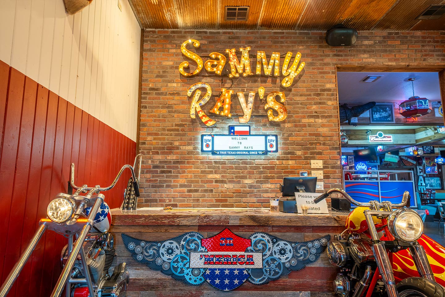 motorcycles in the Sammy Rays entrance