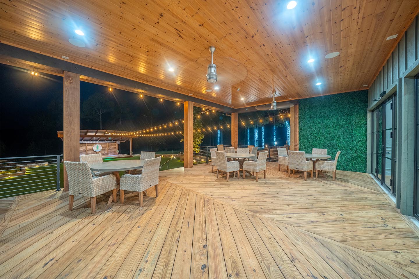 The deck outside the White Oak Room at night
