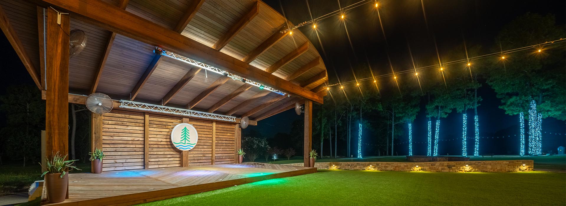Night shot of the Lawn at Rayburn Resort